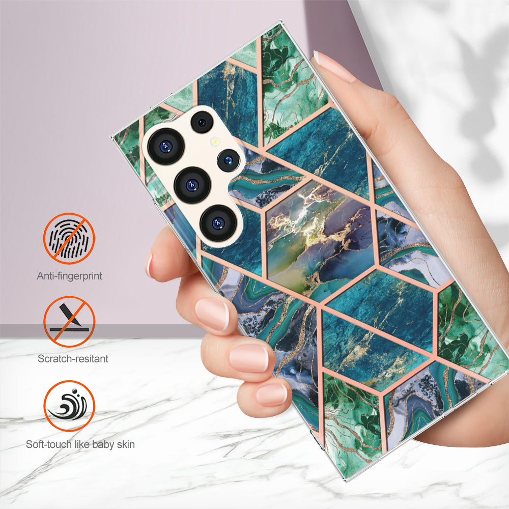 YB IMD Series-3 for Samsung Galaxy S24 Ultra TPU Case Marble Pattern Plating Phone Cover - Blue / Green