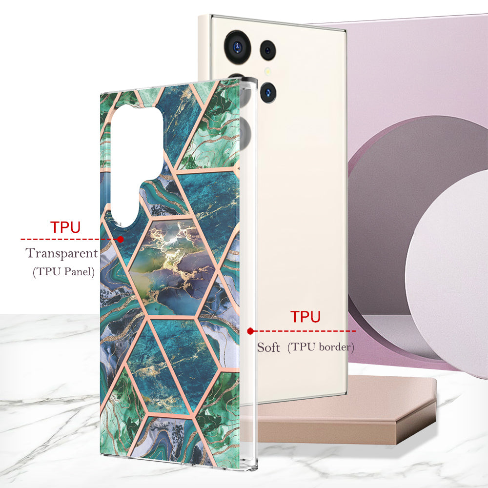YB IMD Series-3 for Samsung Galaxy S24 Ultra TPU Case Marble Pattern Plating Phone Cover - Blue / Green