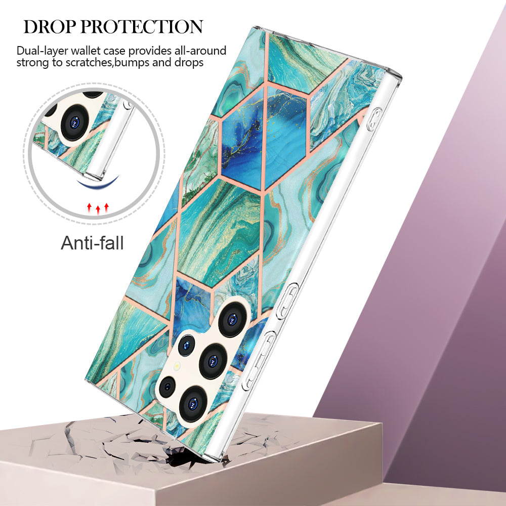 YB IMD Series-3 for Samsung Galaxy S24 Ultra TPU Case Marble Pattern Plating Phone Cover - Green