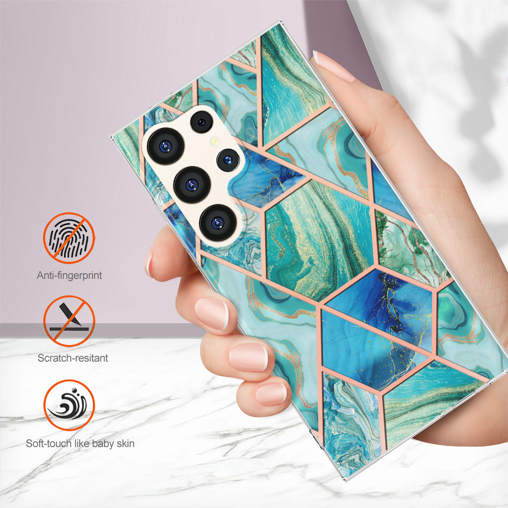 YB IMD Series-3 for Samsung Galaxy S24 Ultra TPU Case Marble Pattern Plating Phone Cover - Green