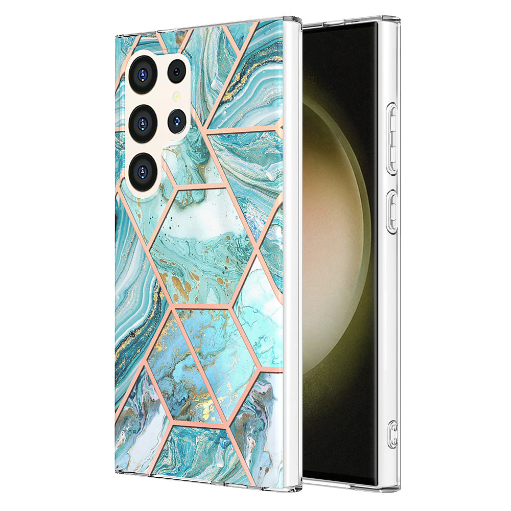 YB IMD Series-3 for Samsung Galaxy S24 Ultra TPU Case Marble Pattern Plating Phone Cover - Blue