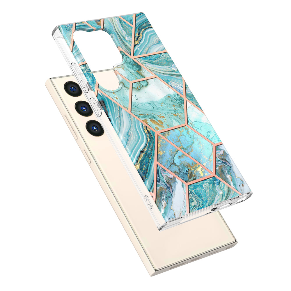 YB IMD Series-3 for Samsung Galaxy S24 Ultra TPU Case Marble Pattern Plating Phone Cover - Blue