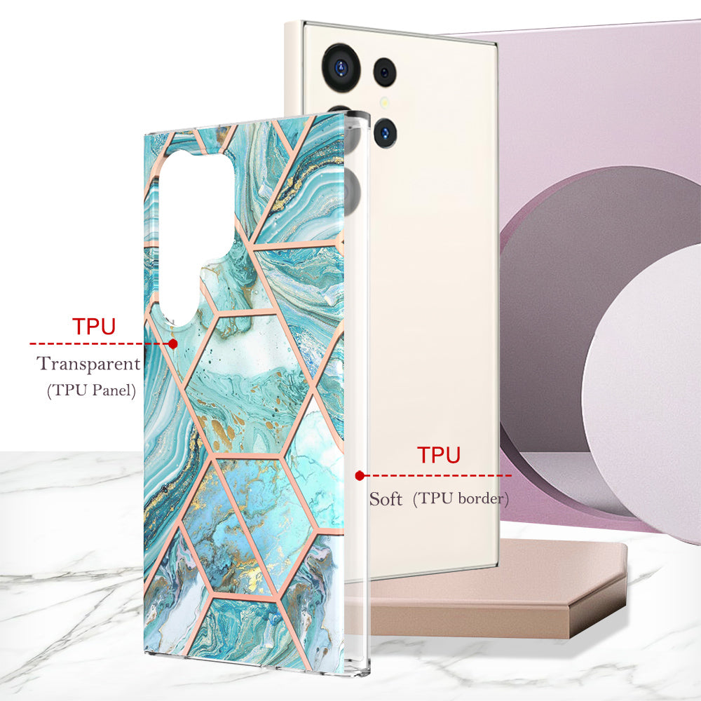 YB IMD Series-3 for Samsung Galaxy S24 Ultra TPU Case Marble Pattern Plating Phone Cover - Blue