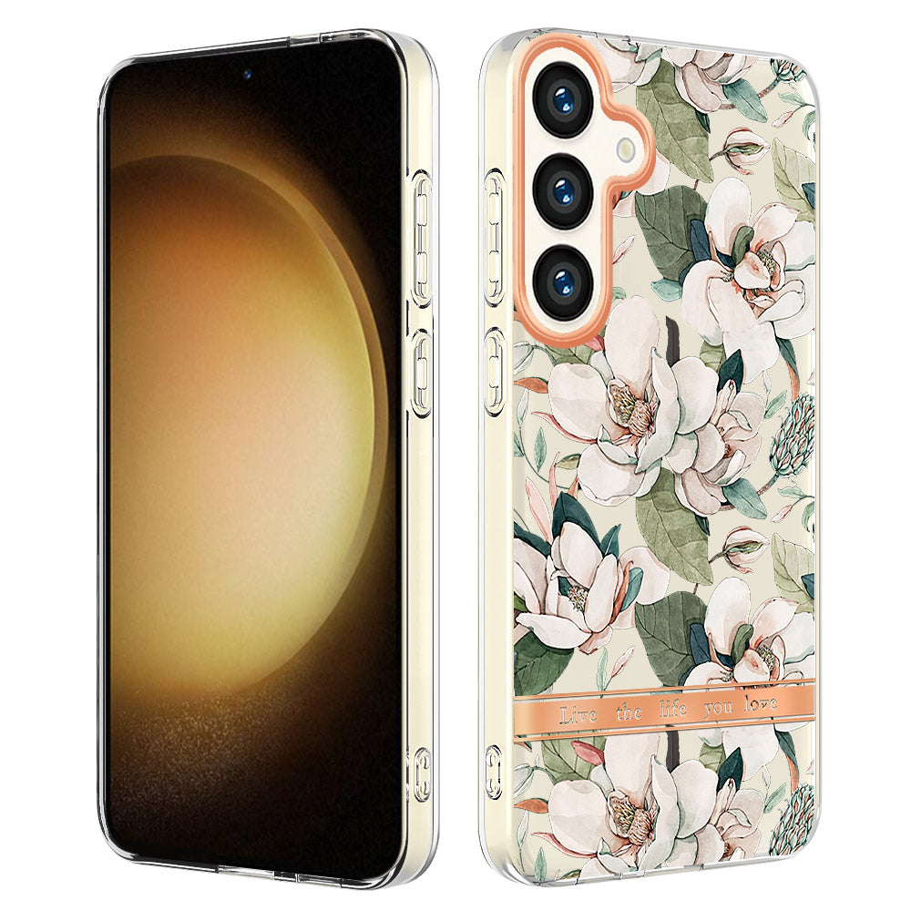 YB IMD-8 Series for Samsung Galaxy S24 Phone Case Flower Floral Pattern Cover - HC001 Green Gardenia