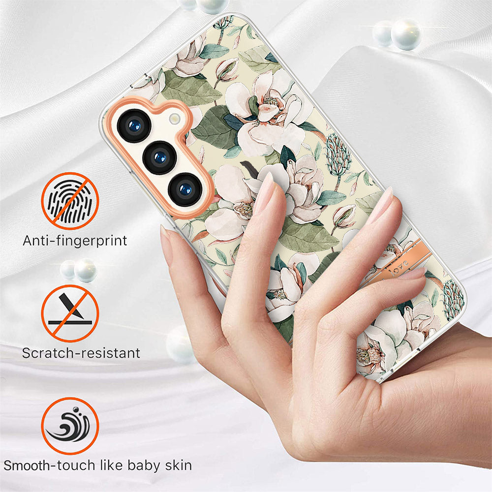 YB IMD-8 Series for Samsung Galaxy S24 Phone Case Flower Floral Pattern Cover - HC001 Green Gardenia