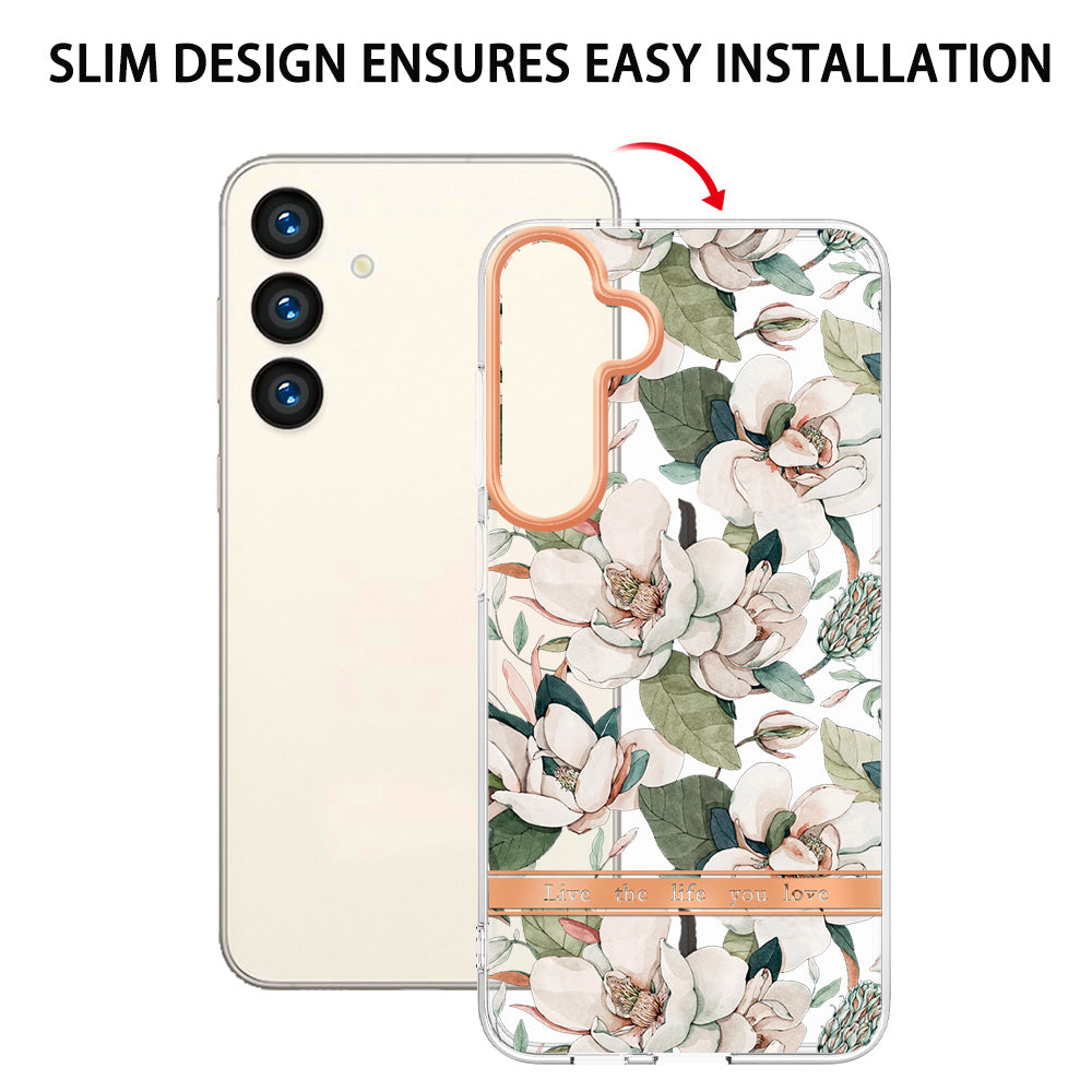 YB IMD-8 Series for Samsung Galaxy S24 Phone Case Flower Floral Pattern Cover - HC001 Green Gardenia
