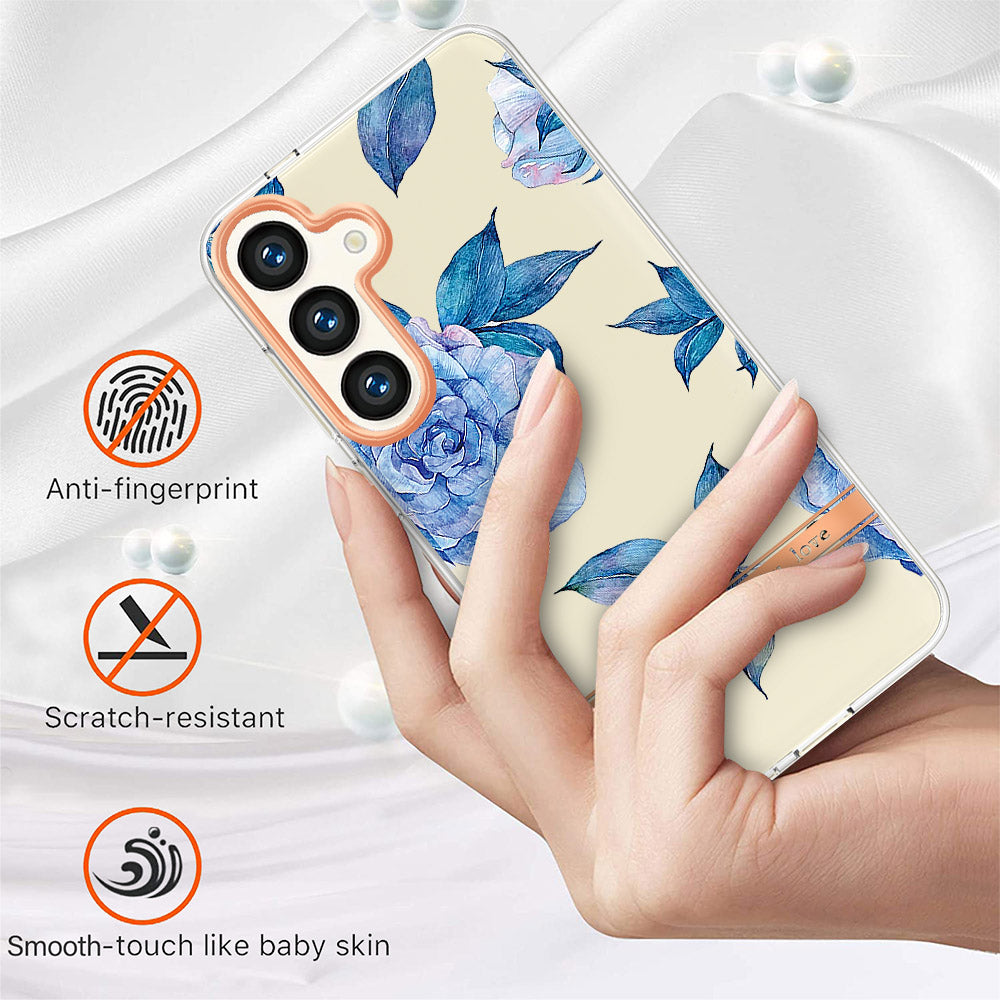YB IMD-8 Series for Samsung Galaxy S24 Phone Case Flower Floral Pattern Cover - HC003 Blue Peony