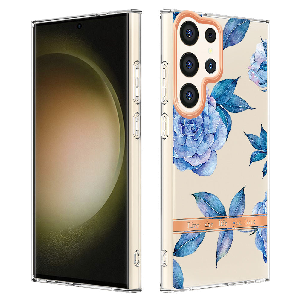YB IMD-8 Series for Samsung Galaxy S24 Ultra TPU Case Electroplate Flower Floral Pattern Cover - HC003 Blue Peony