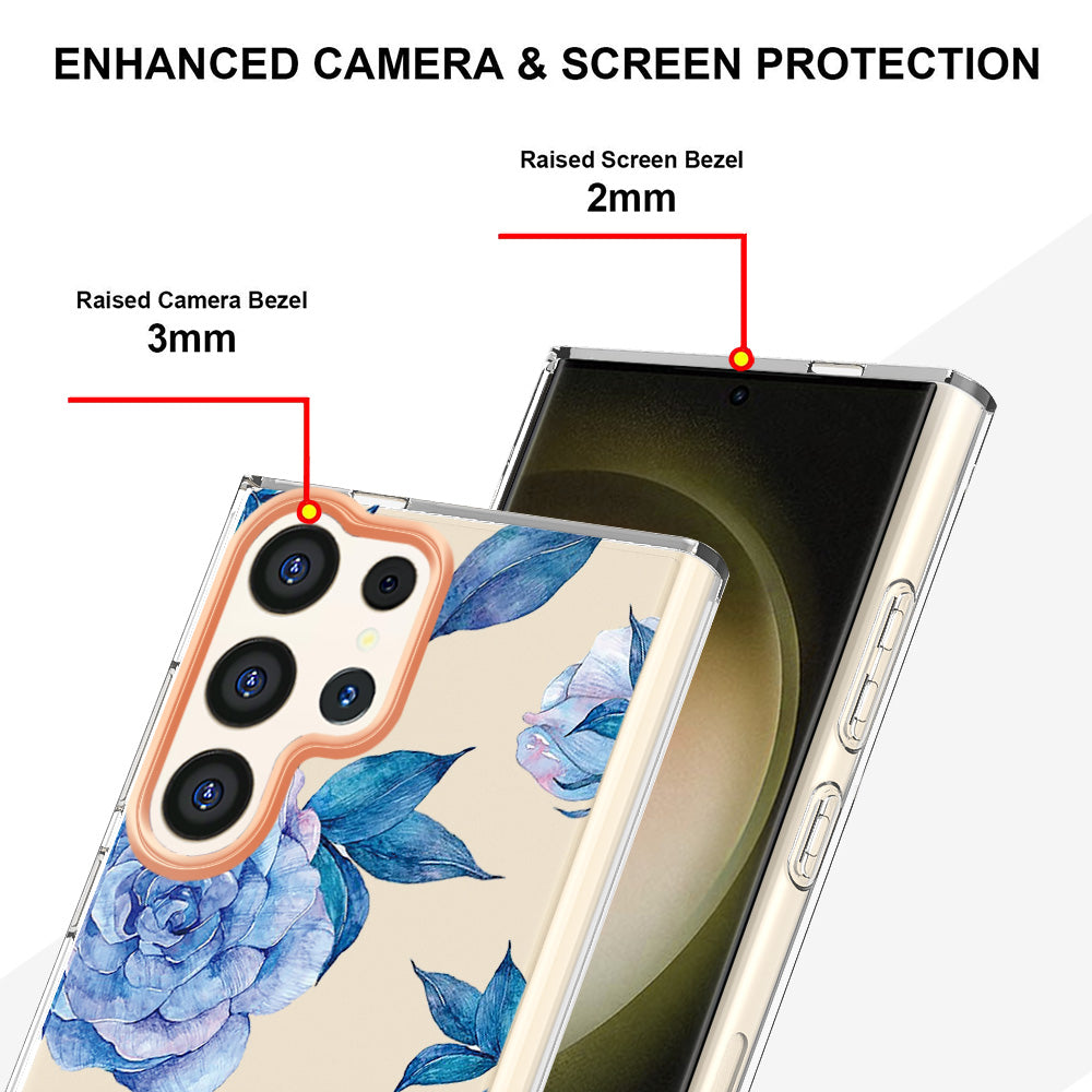 YB IMD-8 Series for Samsung Galaxy S24 Ultra TPU Case Electroplate Flower Floral Pattern Cover - HC003 Blue Peony