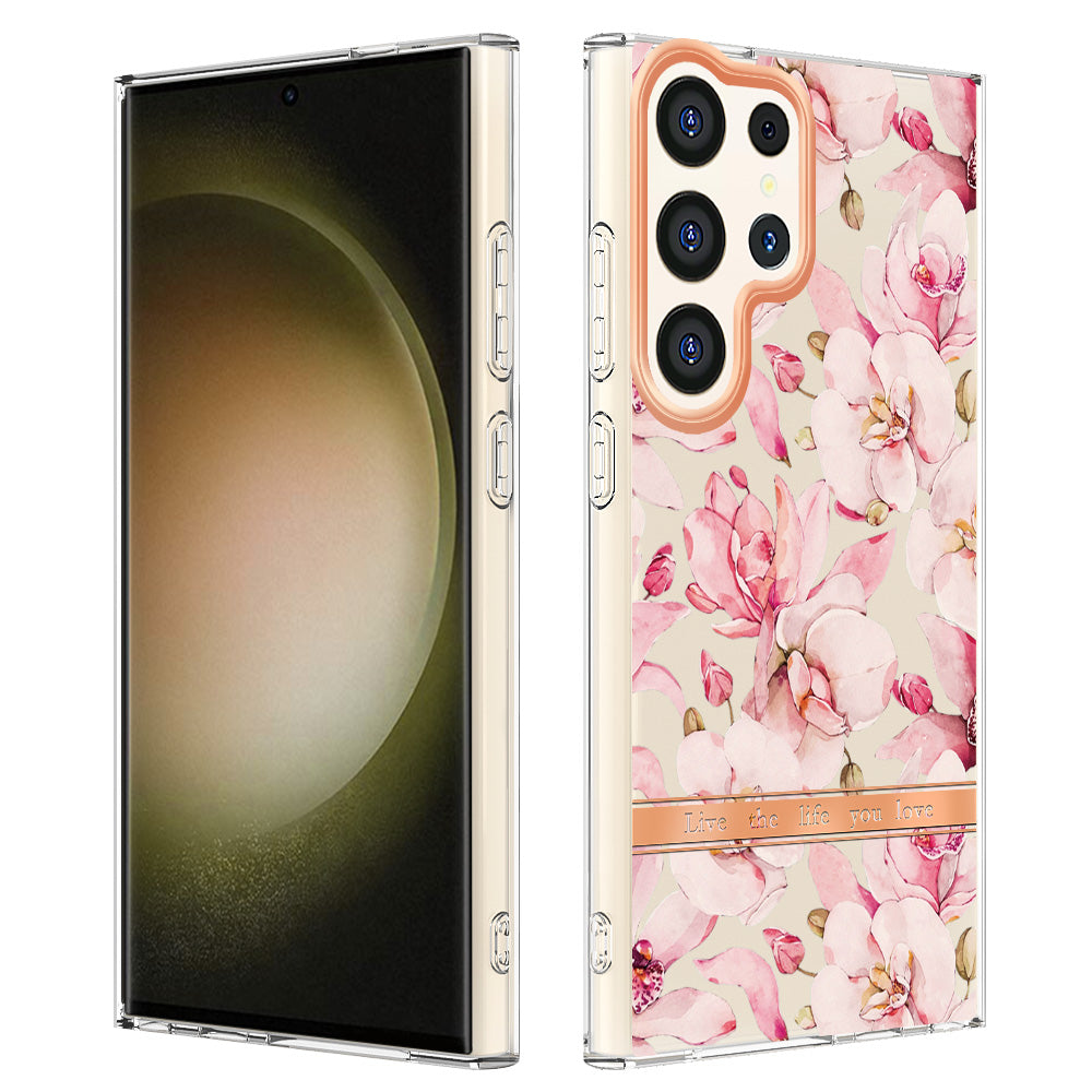 YB IMD-8 Series for Samsung Galaxy S24 Ultra TPU Case Electroplate Flower Floral Pattern Cover - HC005 Pink Gardenia