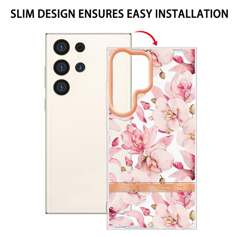 YB IMD-8 Series for Samsung Galaxy S24 Ultra TPU Case Electroplate Flower Floral Pattern Cover - HC005 Pink Gardenia
