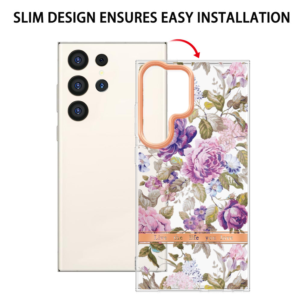 YB IMD-8 Series for Samsung Galaxy S24 Ultra TPU Case Electroplate Flower Floral Pattern Cover - HC006 Purple Peony