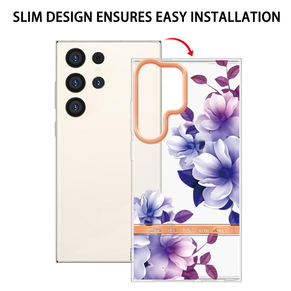 YB IMD-8 Series for Samsung Galaxy S24 Ultra TPU Case Electroplate Flower Floral Pattern Cover - HC004 Purple Begonia