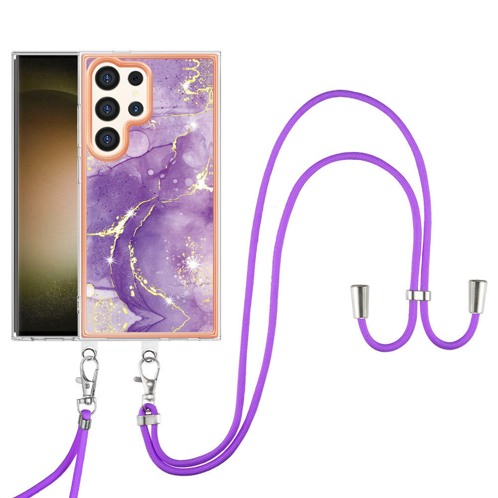 YB IMD Series-9 For Samsung Galaxy S24 Ultra Electroplating Cover Marble Pattern Phone Case with Lanyard - Purple 002