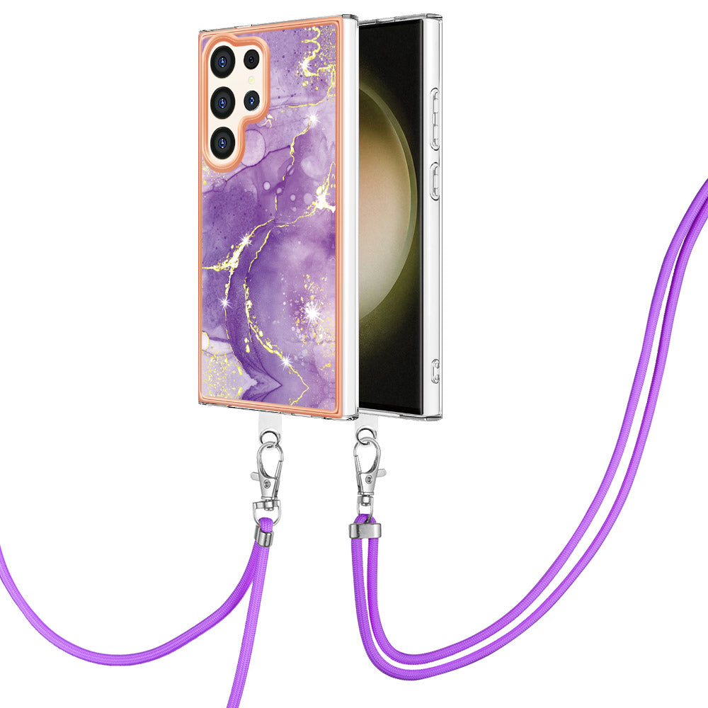 YB IMD Series-9 For Samsung Galaxy S24 Ultra Electroplating Cover Marble Pattern Phone Case with Lanyard - Purple 002