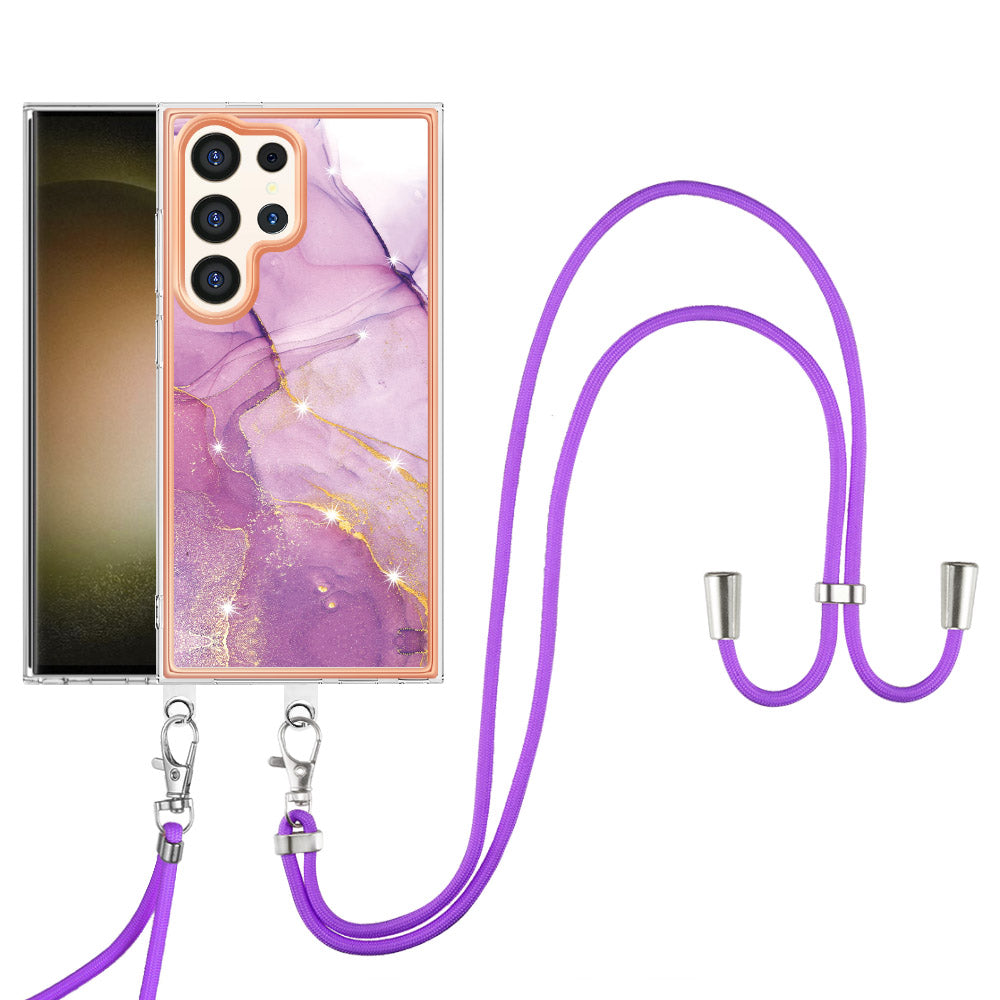 YB IMD Series-9 For Samsung Galaxy S24 Ultra Electroplating Cover Marble Pattern Phone Case with Lanyard - Purple 001