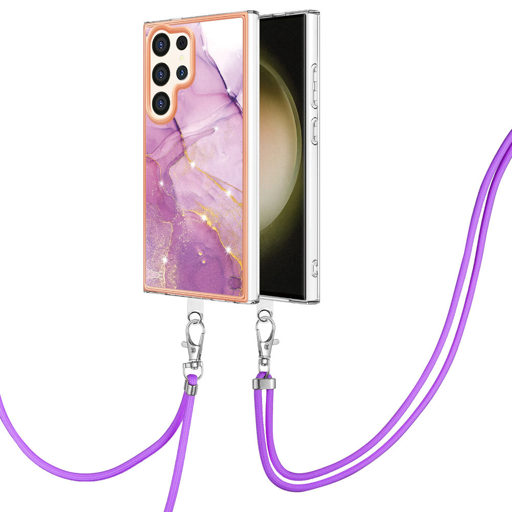 YB IMD Series-9 For Samsung Galaxy S24 Ultra Electroplating Cover Marble Pattern Phone Case with Lanyard - Purple 001