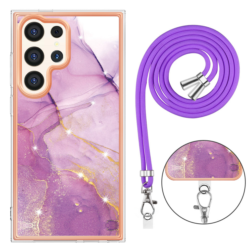 YB IMD Series-9 For Samsung Galaxy S24 Ultra Electroplating Cover Marble Pattern Phone Case with Lanyard - Purple 001