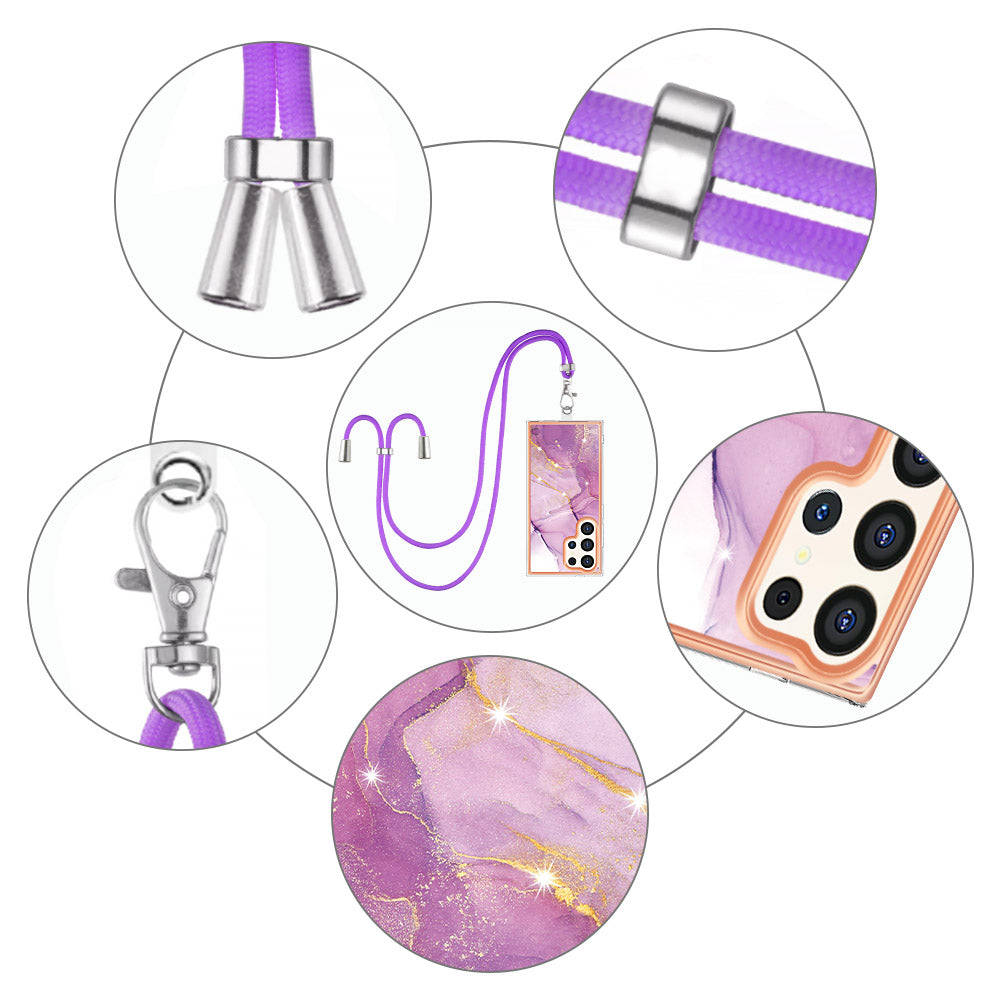 YB IMD Series-9 For Samsung Galaxy S24 Ultra Electroplating Cover Marble Pattern Phone Case with Lanyard - Purple 001
