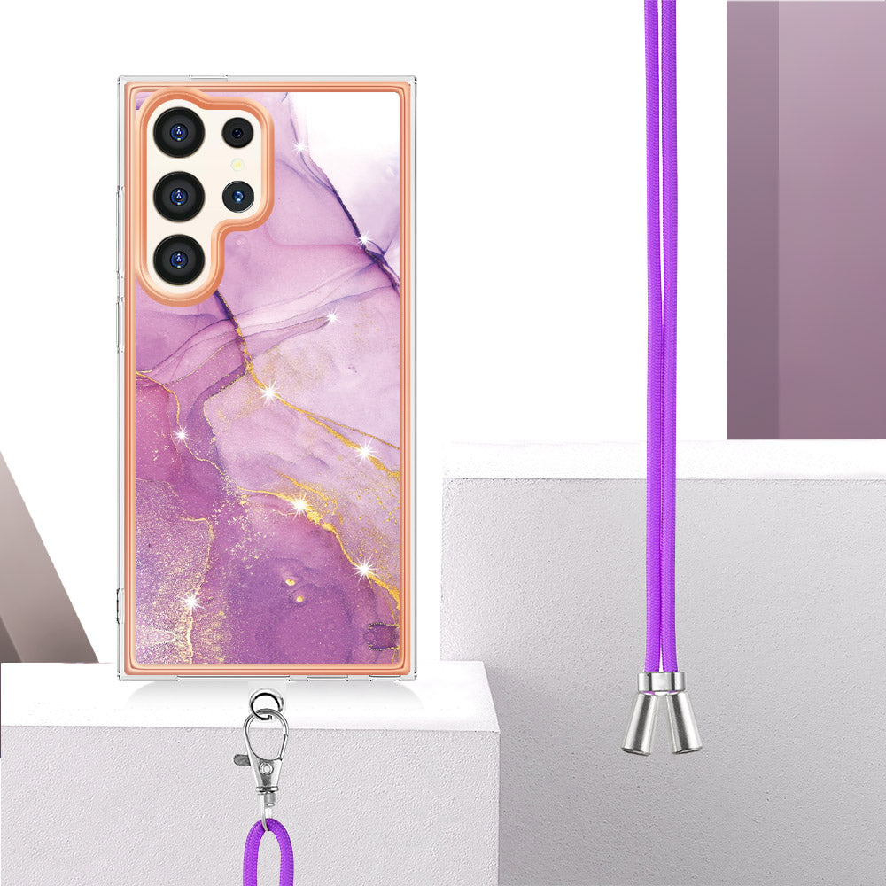 YB IMD Series-9 For Samsung Galaxy S24 Ultra Electroplating Cover Marble Pattern Phone Case with Lanyard - Purple 001