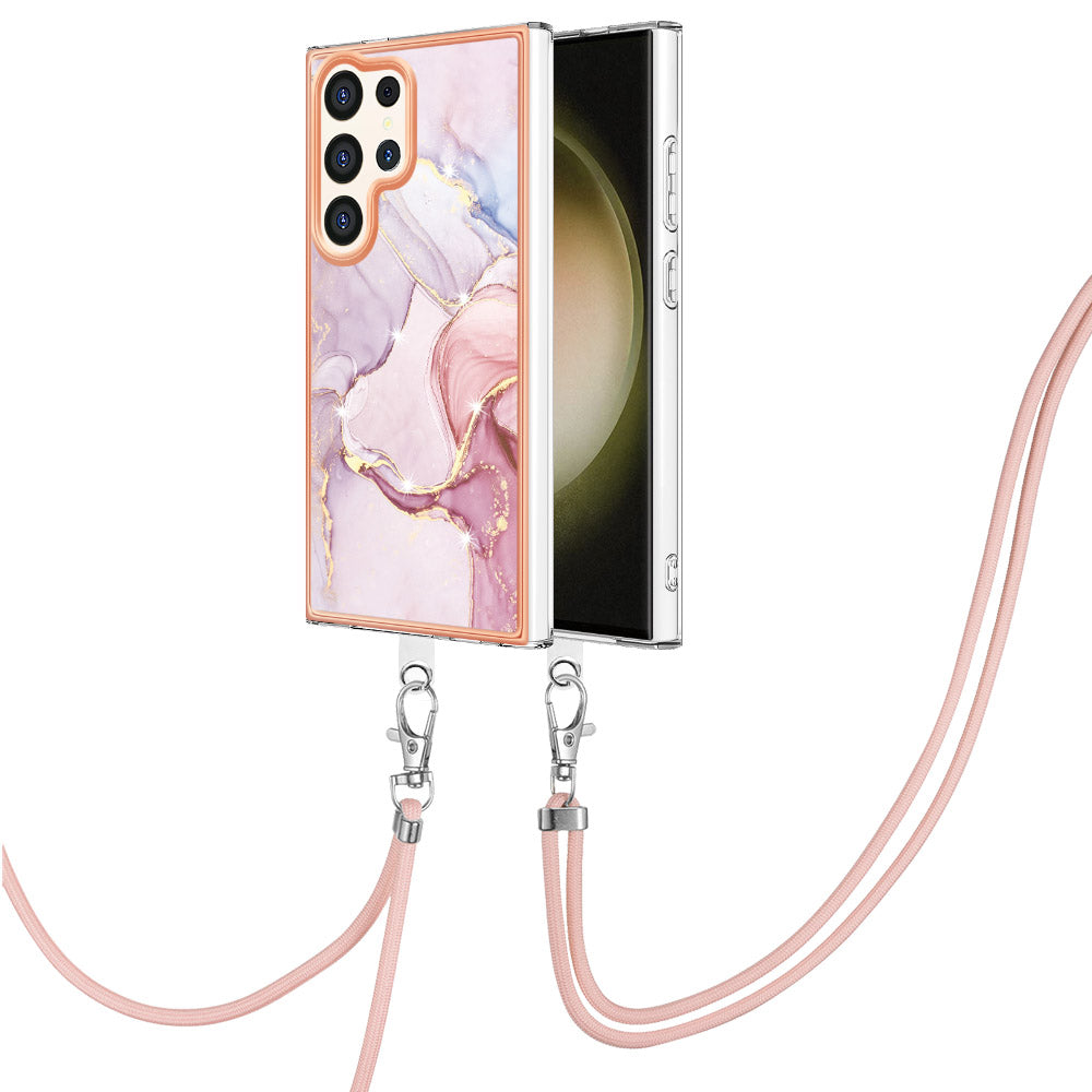 YB IMD Series-9 For Samsung Galaxy S24 Ultra Electroplating Cover Marble Pattern Phone Case with Lanyard - Rose Gold 005