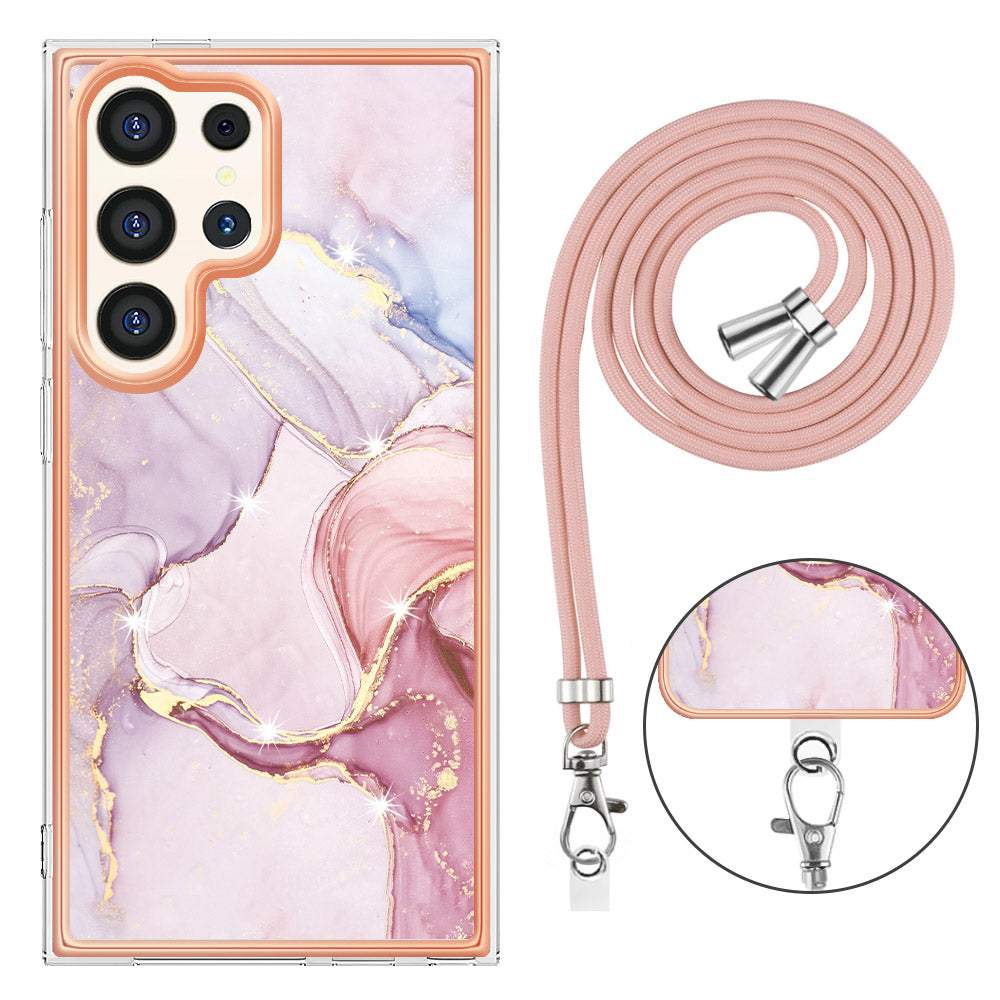 YB IMD Series-9 For Samsung Galaxy S24 Ultra Electroplating Cover Marble Pattern Phone Case with Lanyard - Rose Gold 005
