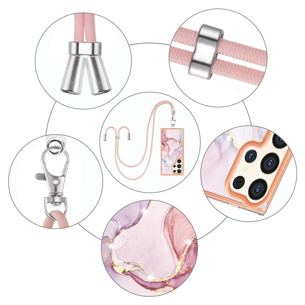 YB IMD Series-9 For Samsung Galaxy S24 Ultra Electroplating Cover Marble Pattern Phone Case with Lanyard - Rose Gold 005
