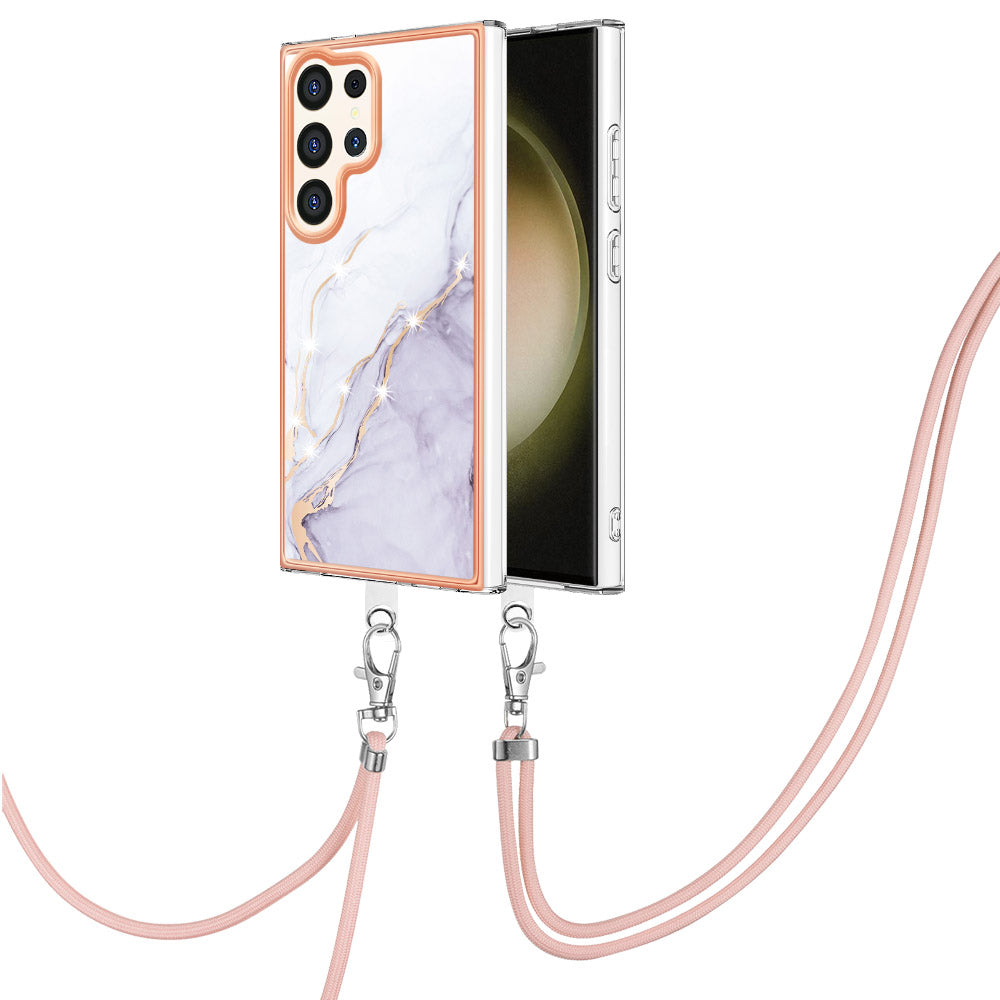 YB IMD Series-9 For Samsung Galaxy S24 Ultra Electroplating Cover Marble Pattern Phone Case with Lanyard - White 006