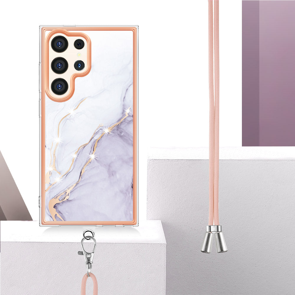 YB IMD Series-9 For Samsung Galaxy S24 Ultra Electroplating Cover Marble Pattern Phone Case with Lanyard - White 006