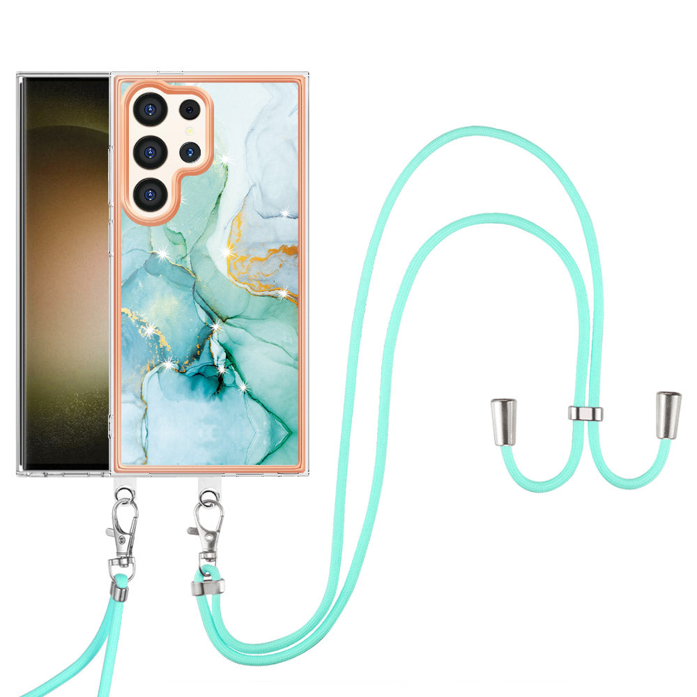 YB IMD Series-9 For Samsung Galaxy S24 Ultra Electroplating Cover Marble Pattern Phone Case with Lanyard - Green 003