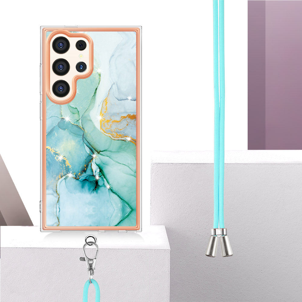 YB IMD Series-9 For Samsung Galaxy S24 Ultra Electroplating Cover Marble Pattern Phone Case with Lanyard - Green 003