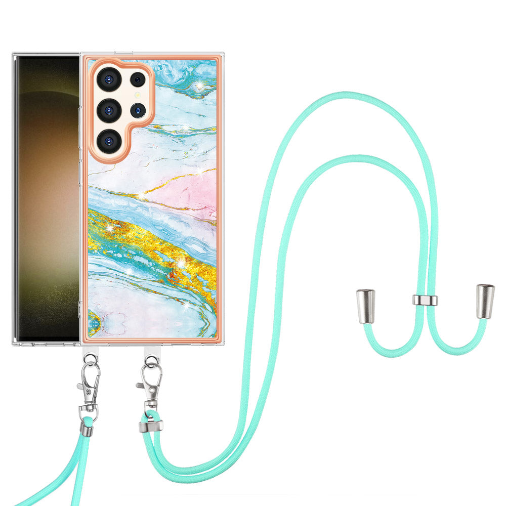 YB IMD Series-9 For Samsung Galaxy S24 Ultra Electroplating Cover Marble Pattern Phone Case with Lanyard - Green 004