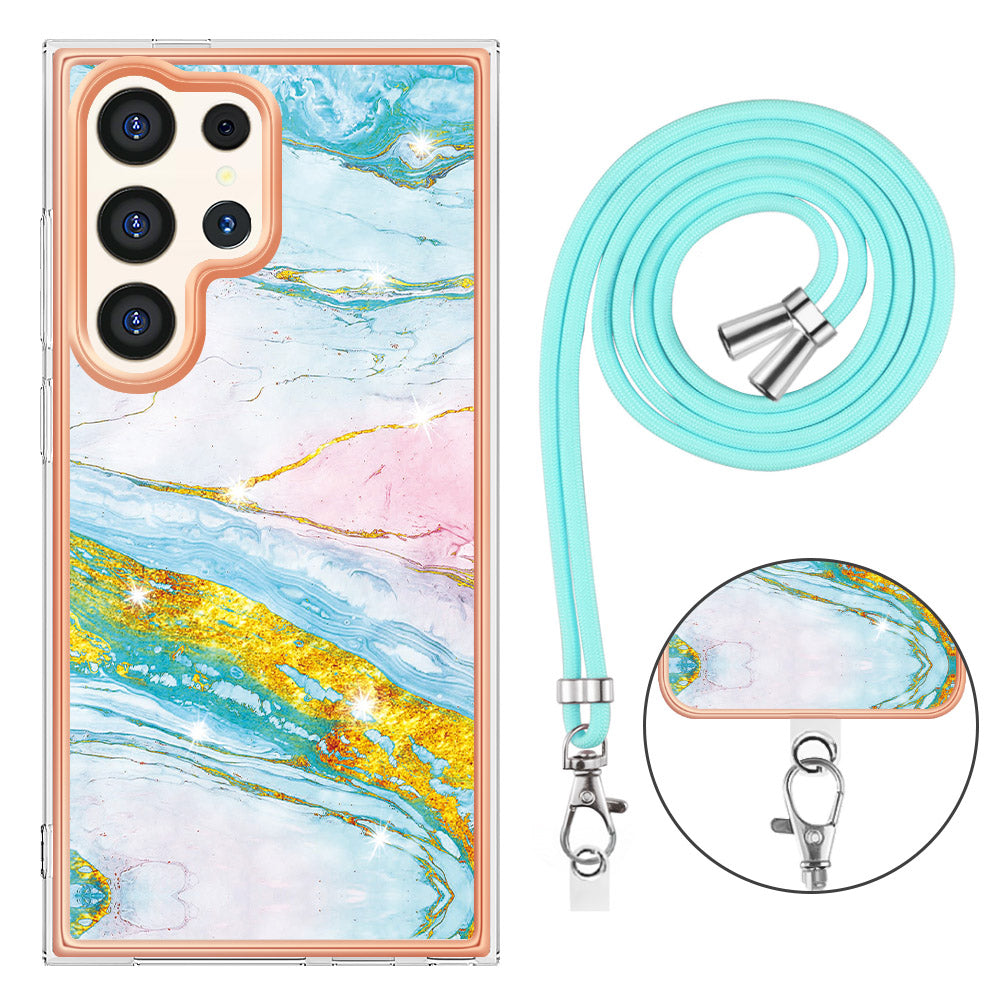YB IMD Series-9 For Samsung Galaxy S24 Ultra Electroplating Cover Marble Pattern Phone Case with Lanyard - Green 004