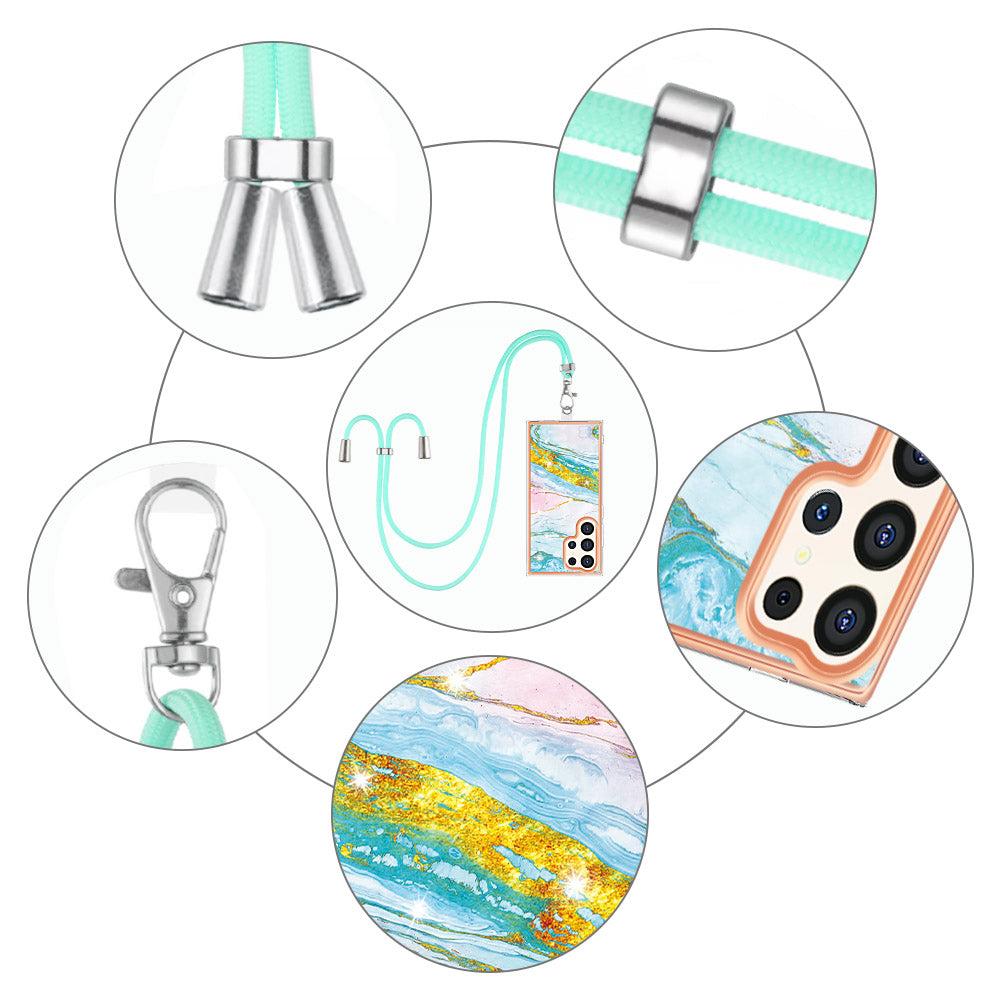 YB IMD Series-9 For Samsung Galaxy S24 Ultra Electroplating Cover Marble Pattern Phone Case with Lanyard - Green 004