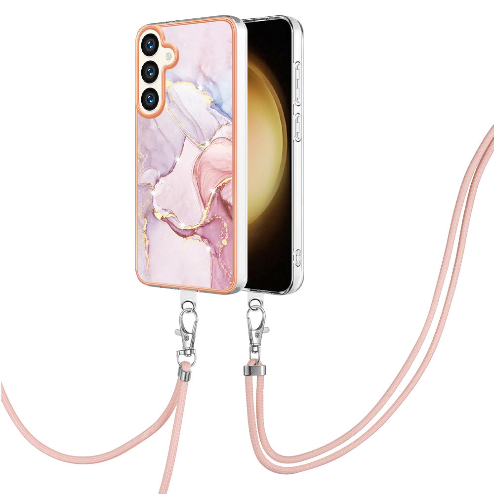 YB IMD Series-9 For Samsung Galaxy S24 TPU Case Marble Phone Cover with Lanyard - Rose Gold 005