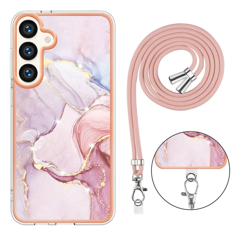 YB IMD Series-9 For Samsung Galaxy S24+ Marble Case TPU Shock Absorbing Cover with Lanyard - Rose Gold 005