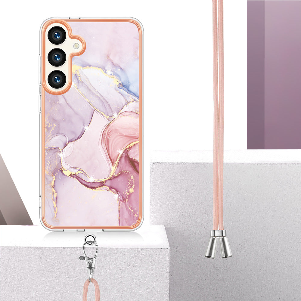 YB IMD Series-9 For Samsung Galaxy S24+ Marble Case TPU Shock Absorbing Cover with Lanyard - Rose Gold 005