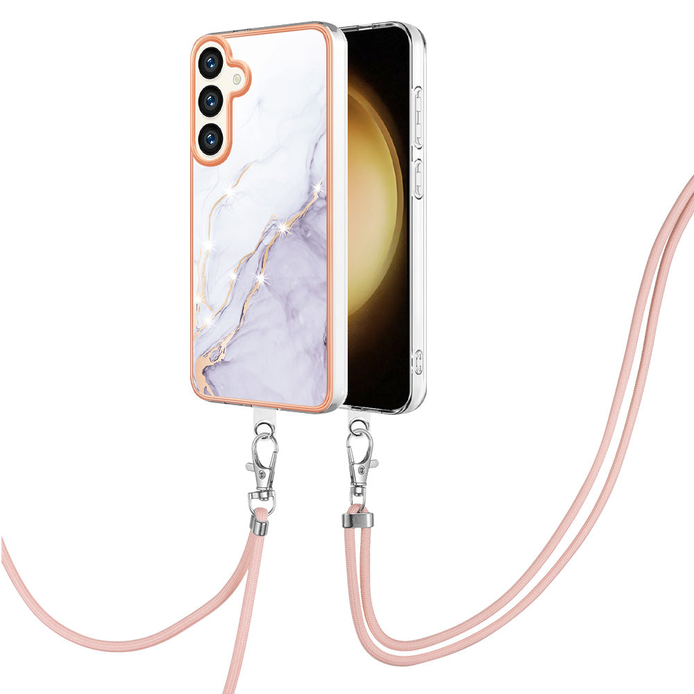 YB IMD Series-9 For Samsung Galaxy S24+ Marble Case TPU Shock Absorbing Cover with Lanyard - White 006