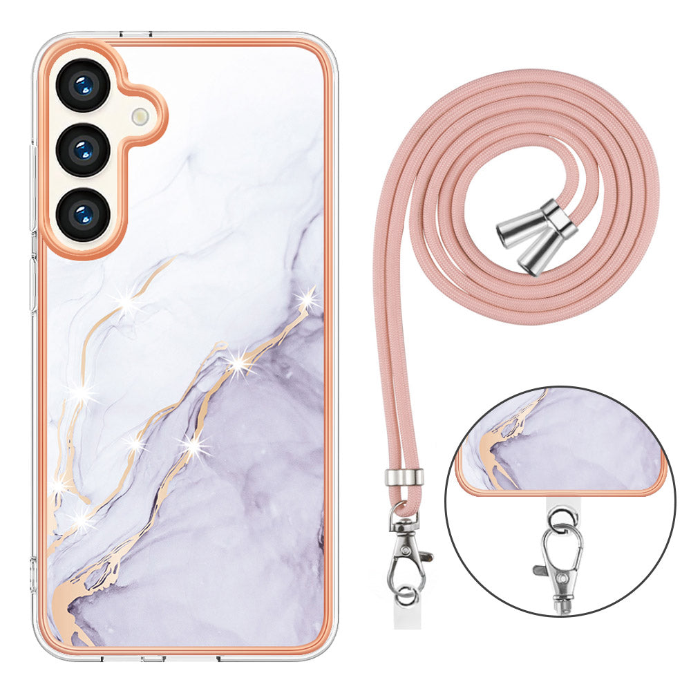 YB IMD Series-9 For Samsung Galaxy S24+ Marble Case TPU Shock Absorbing Cover with Lanyard - White 006