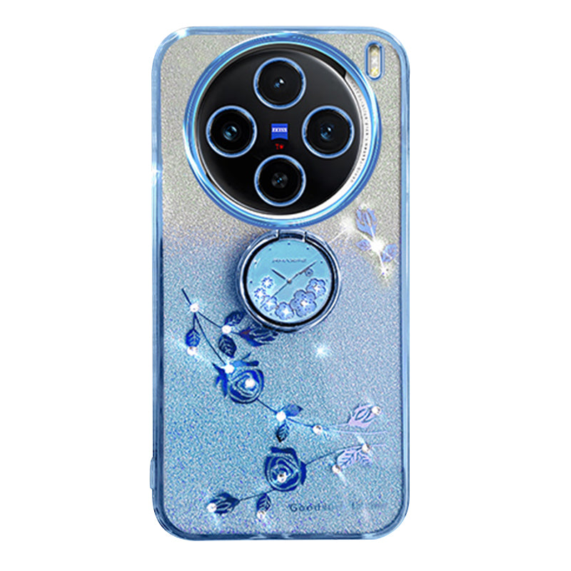 KADEM For vivo X100 5G Phone Case Ring Kickstand Glitter Powder TPU Phone Cover - Blue