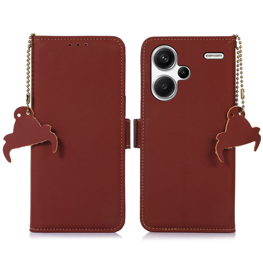 For Xiaomi Redmi Note 13 Pro+ 5G Cell Phone Case Silky Genuine Cow Leather Wallet Cover - Coffee