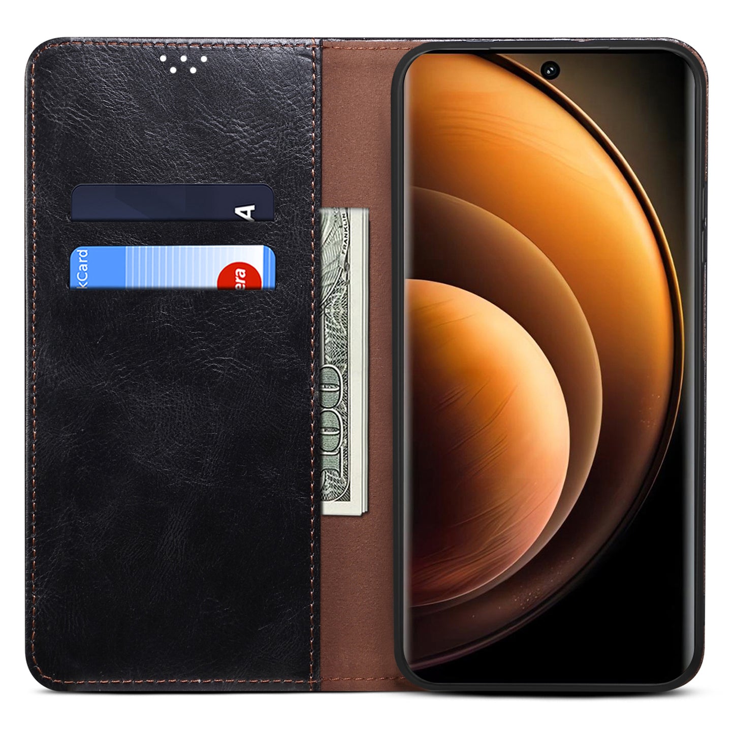 For vivo X100 5G Cell Phone Case Stand Wallet Crazy Horse Texture Waxy Leather Cover - Black