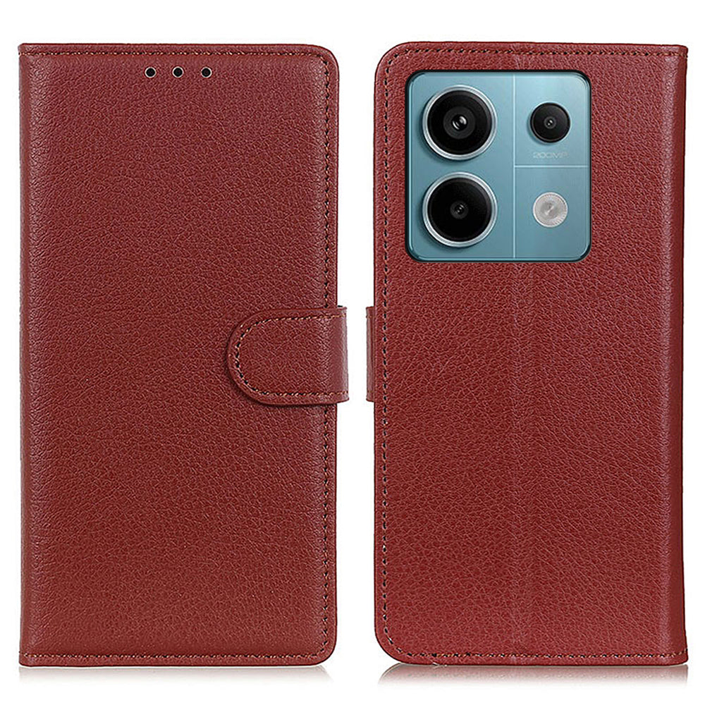 For Xiaomi Redmi Note 13 Pro 5G / Poco X6 5G Cell Phone Case Litchi Texture Flip Stand Leather Cover - Brown