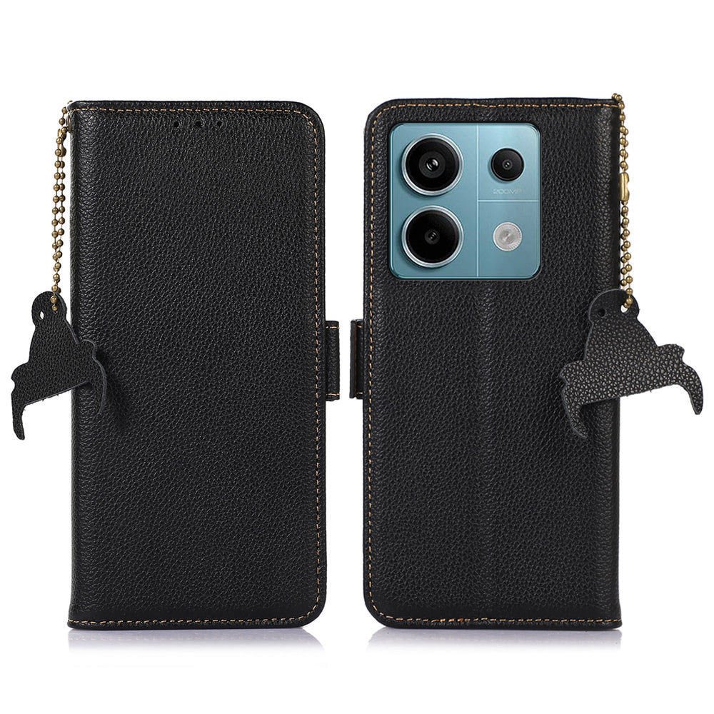 For Xiaomi Redmi Note 13 Pro 5G / Poco X6 5G Cell Phone Case RFID Blocking Wallet Genuine Cow Leather Cover - Black