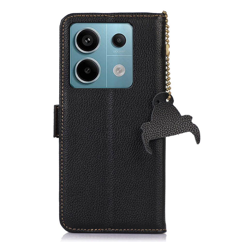 For Xiaomi Redmi Note 13 Pro 5G / Poco X6 5G Cell Phone Case RFID Blocking Wallet Genuine Cow Leather Cover - Black