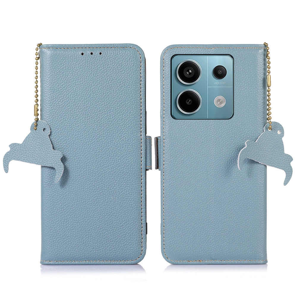 For Xiaomi Redmi Note 13 Pro 5G / Poco X6 5G Cell Phone Case RFID Blocking Wallet Genuine Cow Leather Cover - Blue