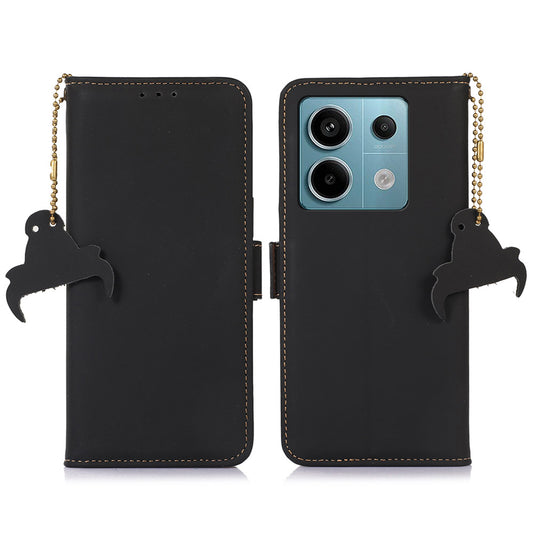 For Xiaomi Redmi Note 13 Pro 5G / Poco X6 5G Case Genuine Cow Leather RFID Blocking Wallet Stand Cover - Black