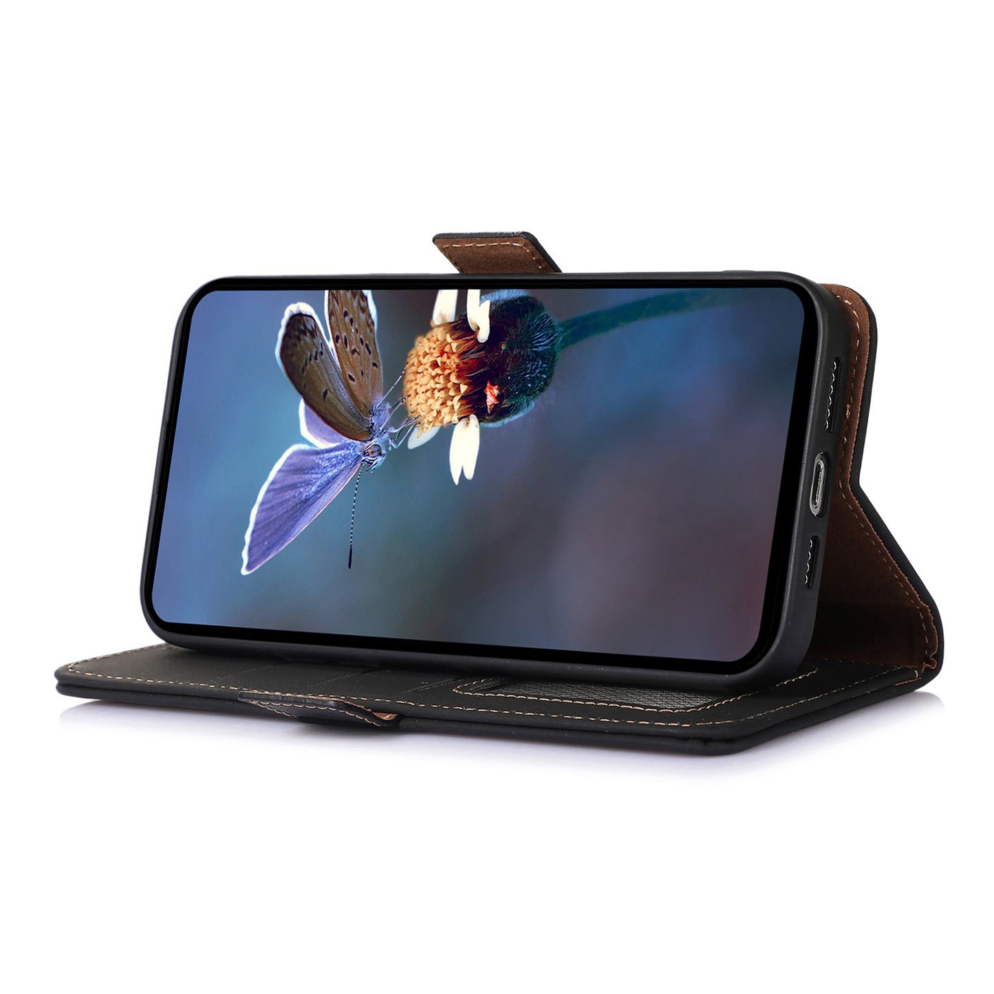 For Xiaomi Redmi Note 13 Pro 5G / Poco X6 5G Case Genuine Cow Leather RFID Blocking Wallet Stand Cover - Black