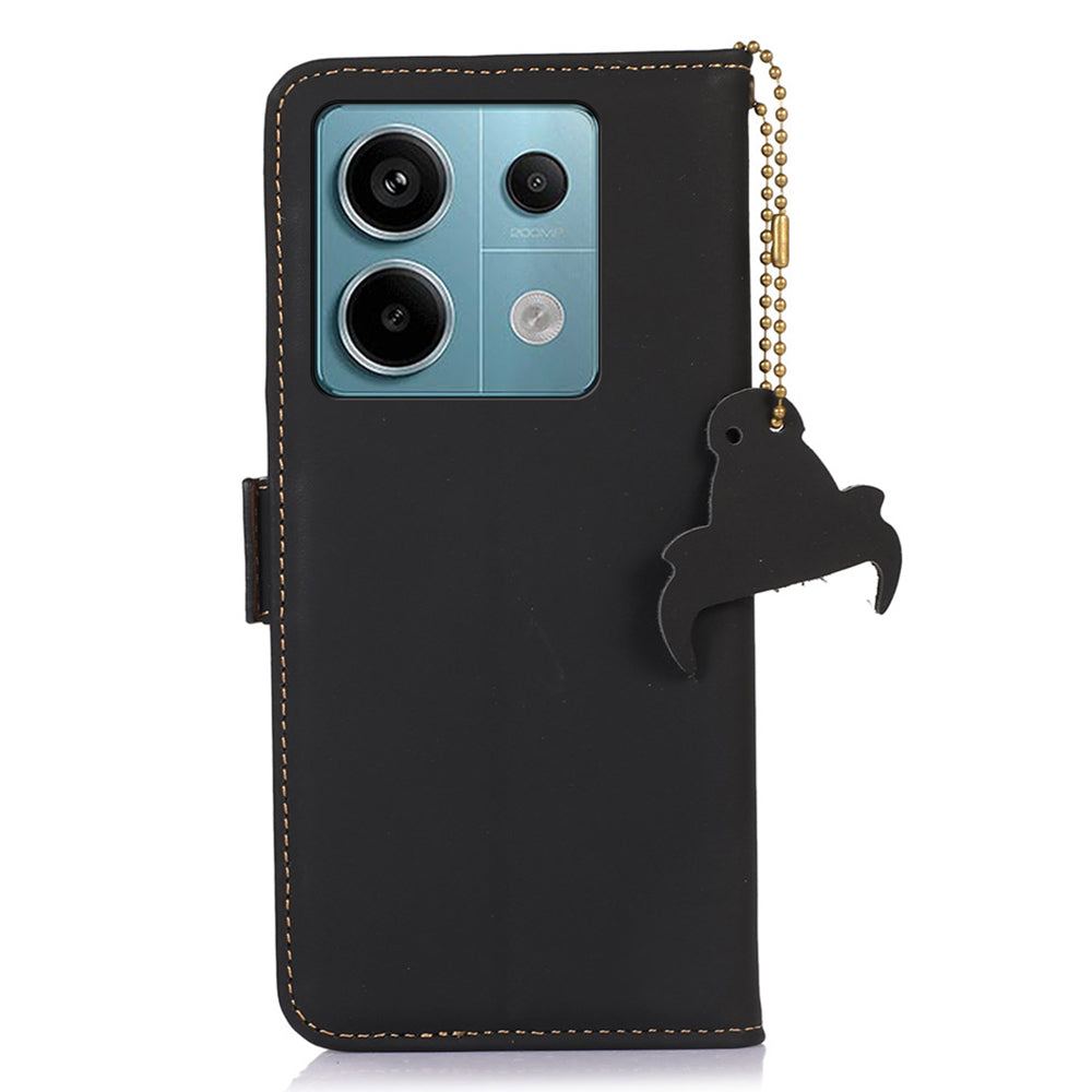 For Xiaomi Redmi Note 13 Pro 5G / Poco X6 5G Case Genuine Cow Leather RFID Blocking Wallet Stand Cover - Black
