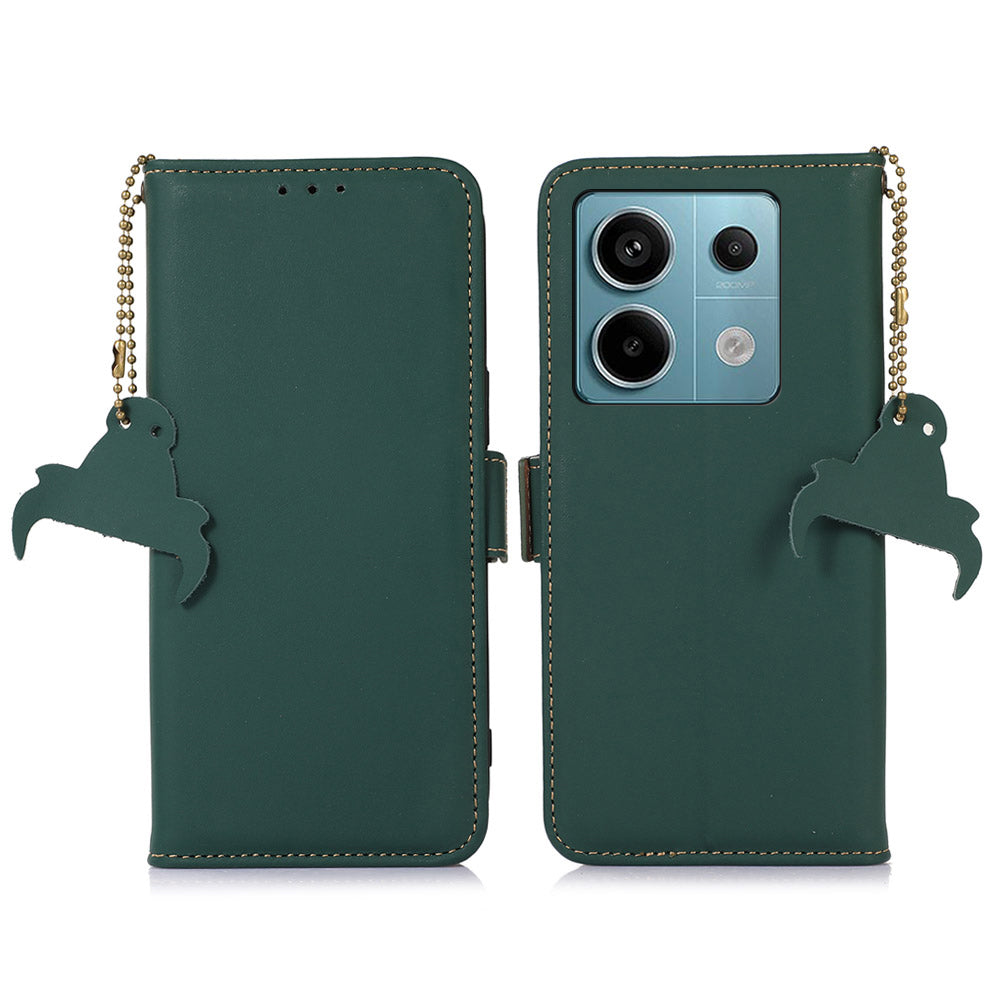 For Xiaomi Redmi Note 13 Pro 5G / Poco X6 5G Case Genuine Cow Leather RFID Blocking Wallet Stand Cover - Green